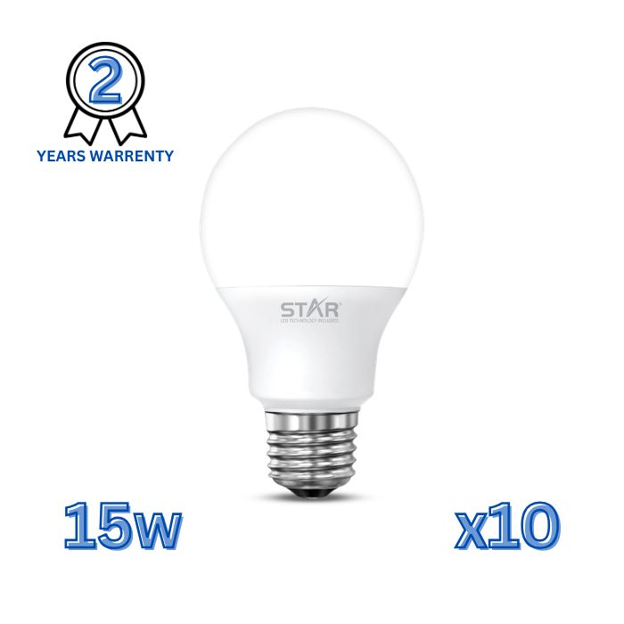 A60 LED Bulb E27 15W, 6500K Cool White, 1500 Lumens, Pack of 10