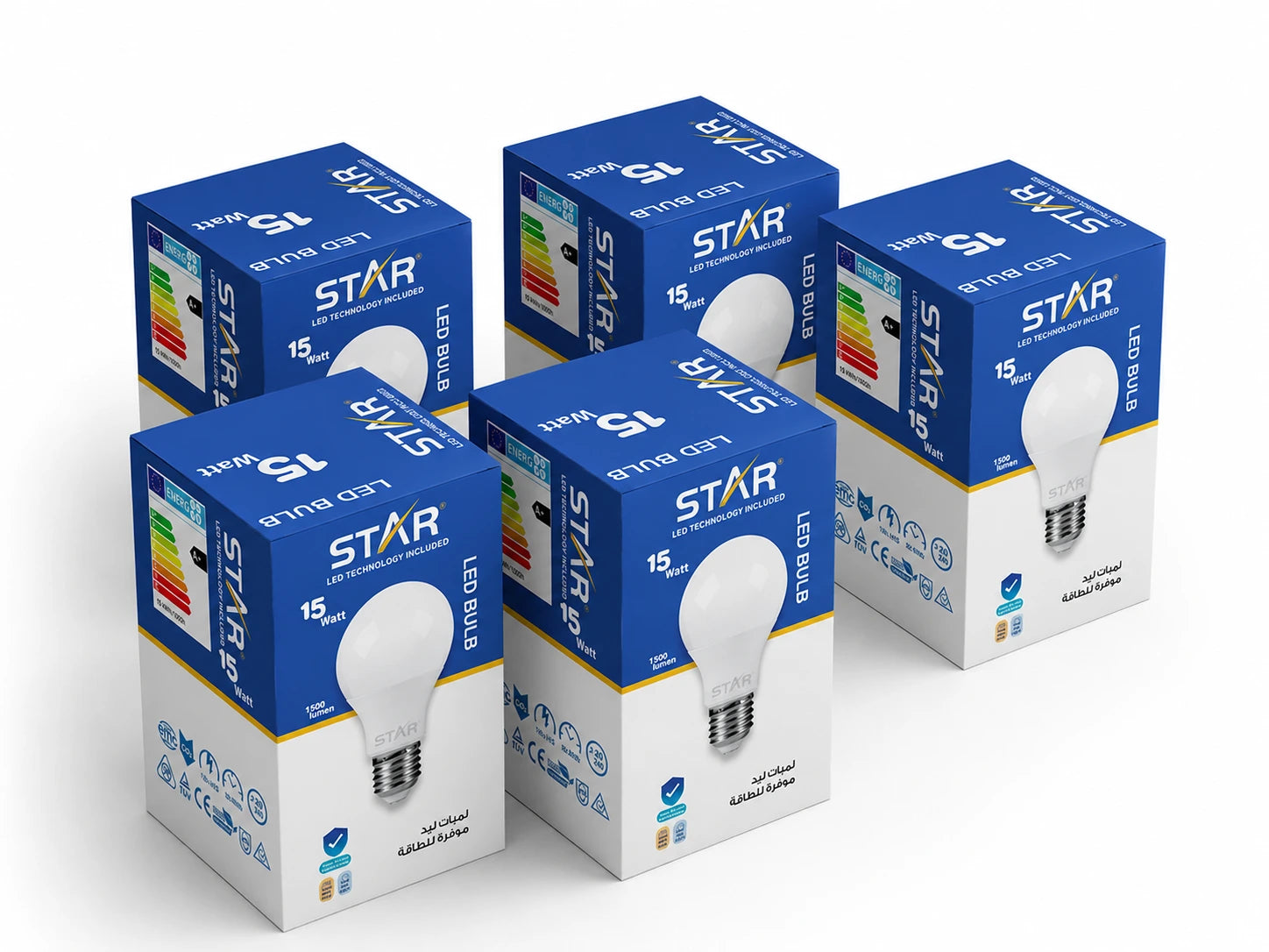 LED Bulb E27 15W , Energy Saving Light Bulb, Bright White 6500K, 1500 Lumens ( 5 Pieces )
