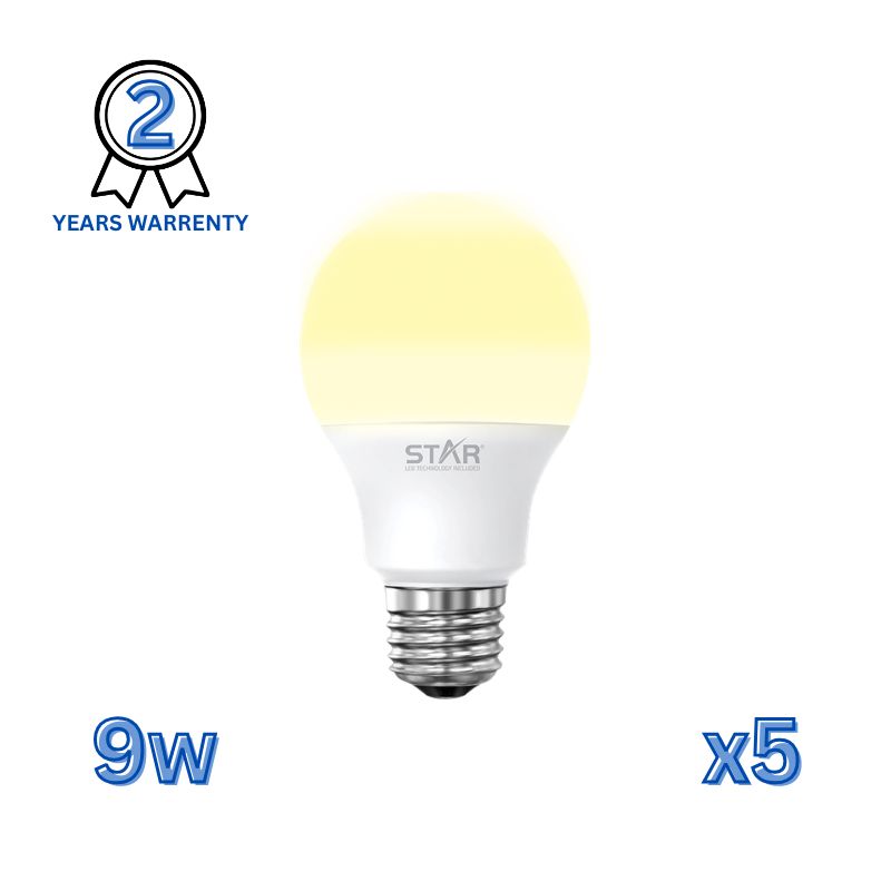 LED Bulb E27 9W , Warm Yellow Lighting 3000K, 900 Lumens Pack of 5