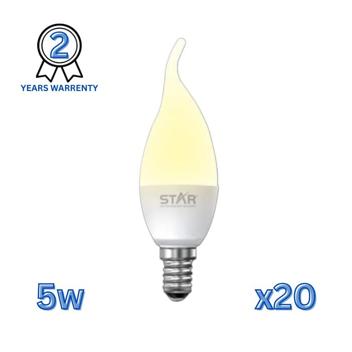  LED Flame Tip Candle Bulb E14 5W Warm Yellow Lighting 3000K, 500 Lumens ( 20 Pieces )