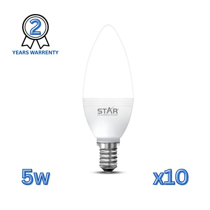 LED Candle Bulb E14 5W, Bright White 6500K, 500 Lumens (10 Pieces)